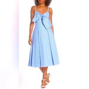 FAME AND PARTNERS Becky Bow Front Tea Length Dress In Pale Blue & White stripe